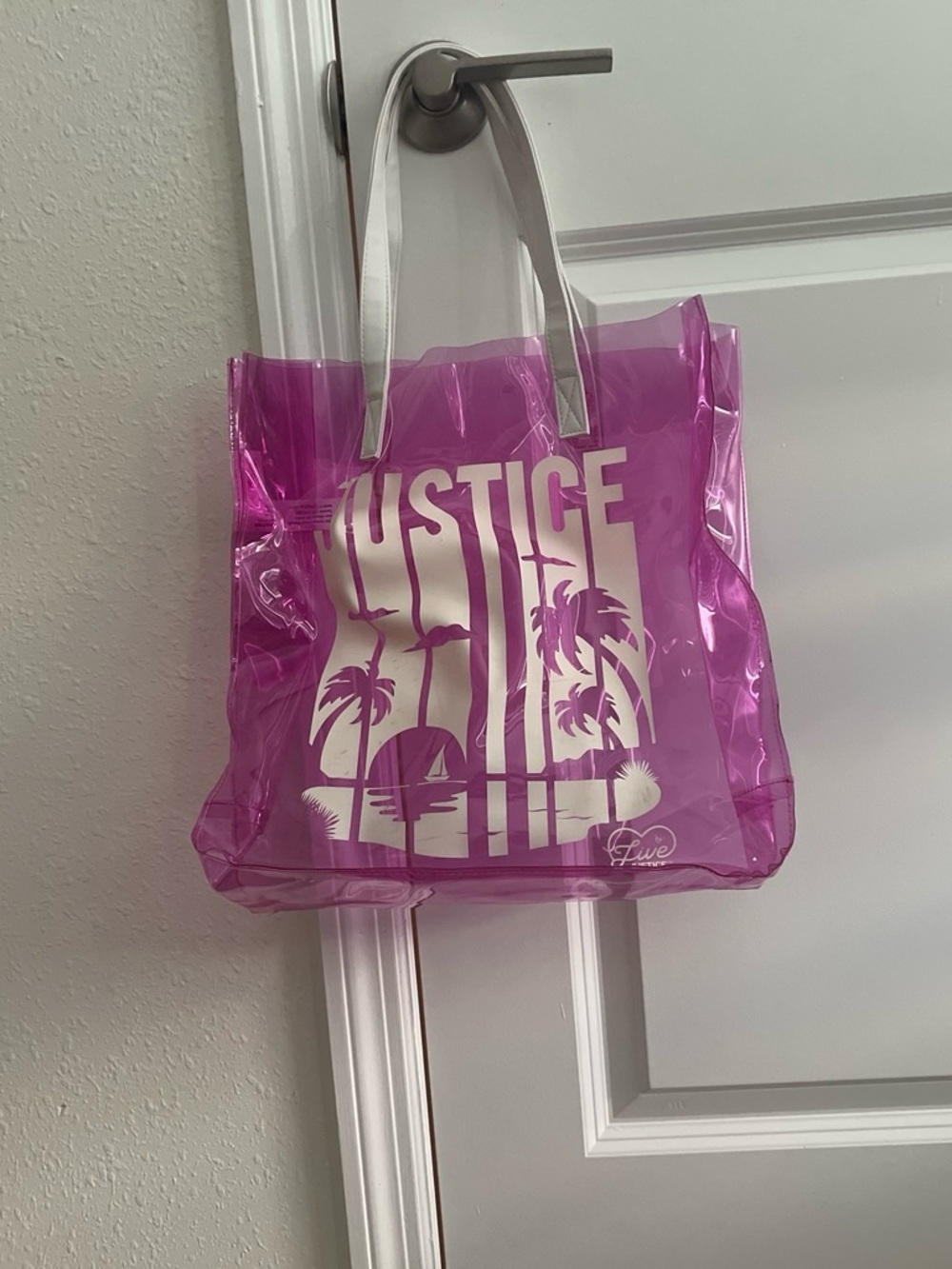 Justice Pink Transparent Tote with White Palm Graphic